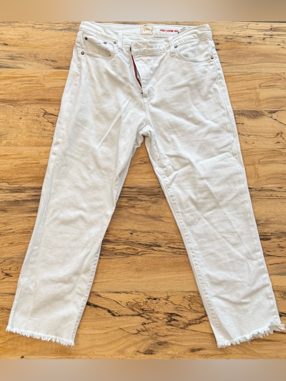 Alice + Olivia White Crossover Frayed Hem Straight Jeans